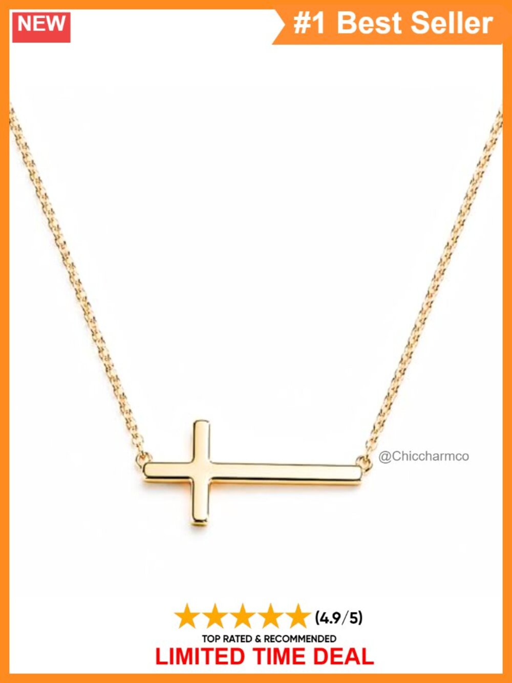 Sideways Cross Necklace 18K Gold Plated Stainless Steel Minimalist